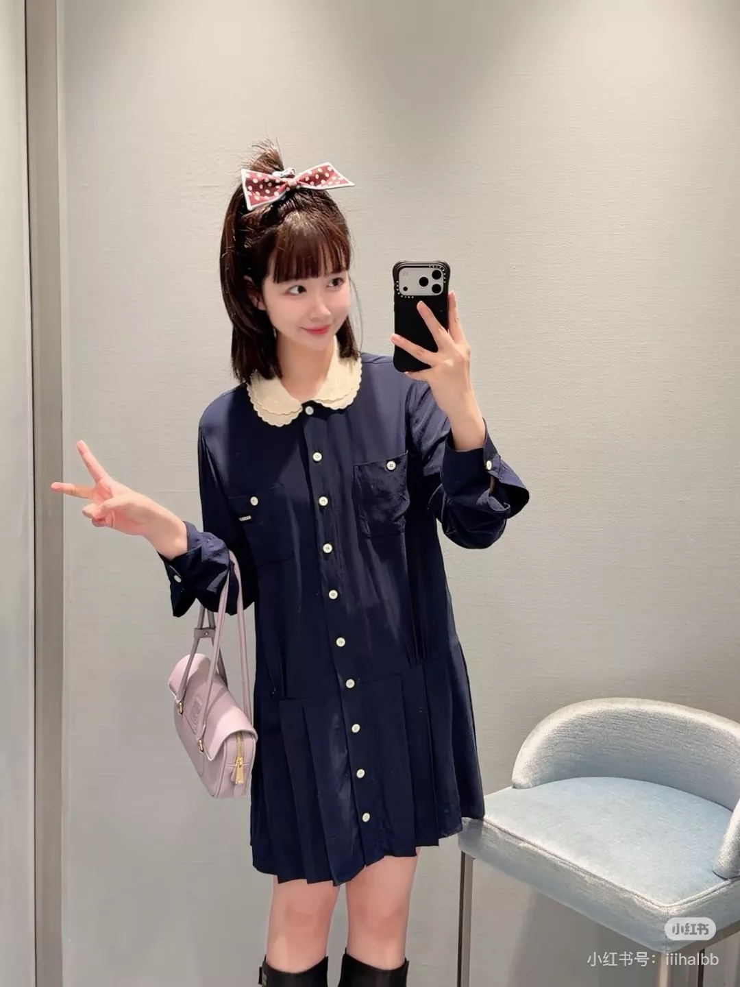 미우미우 물결 칼라 플리츠 셔츠 원피스 상세 이미지 12