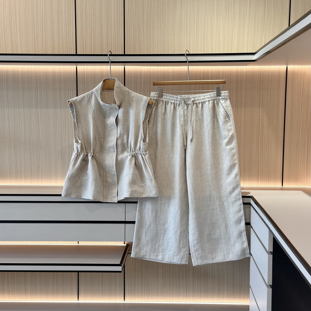 브루넬로쿠치넬리 린넨 비즈 장식 집업 조끼 스트레이트 팬츠 세트