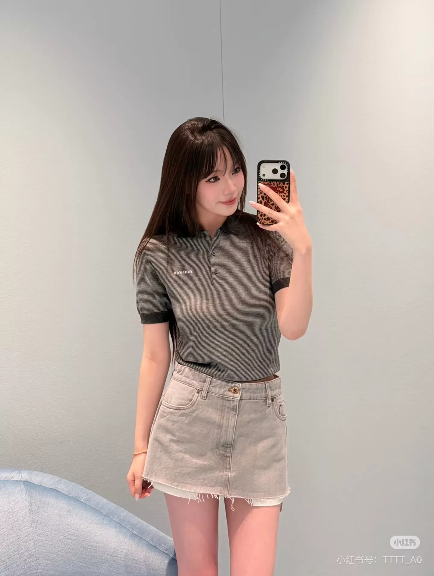 미우미우 폴로 칼라 스트라이프 크롭 반소매 니트 상세 이미지 19