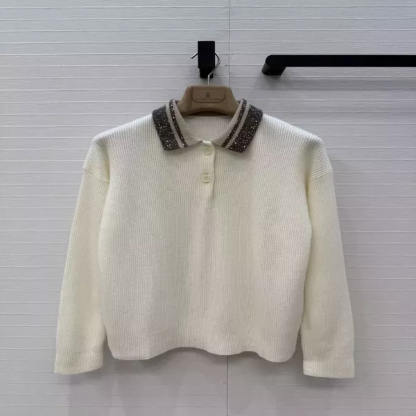 브루넬로쿠치넬리 캐시미어 블렌드 배색 카라 긴소매 니트