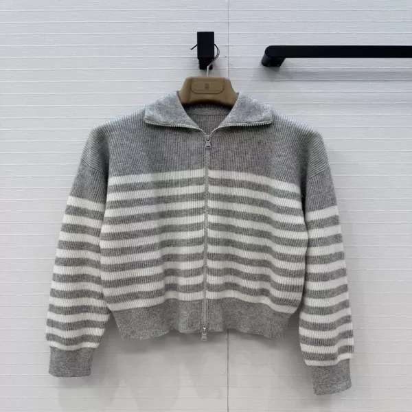 브루넬로쿠치넬리 캐시미어 배색 스트라이프 카라 니트 재킷