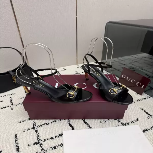 구찌 대나무굽 홀스빗 오픈토 가죽 힐 샌들