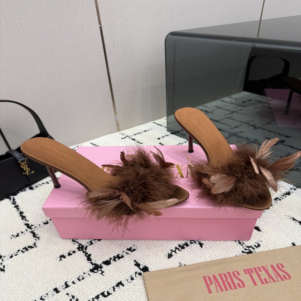 파리스텍사스 깃털 장식 에나멜 포인티드토 토오픈 뮬