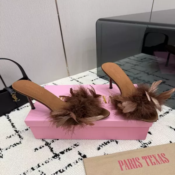 파리스텍사스 깃털 장식 에나멜 포인티드토 토오픈 뮬