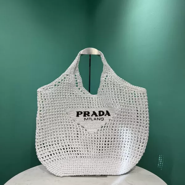 프라다 자수 로고 라피아 해변 토트백