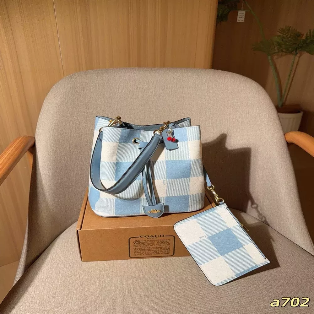 코치 로완 블루 체크 드로스트링 버킷백