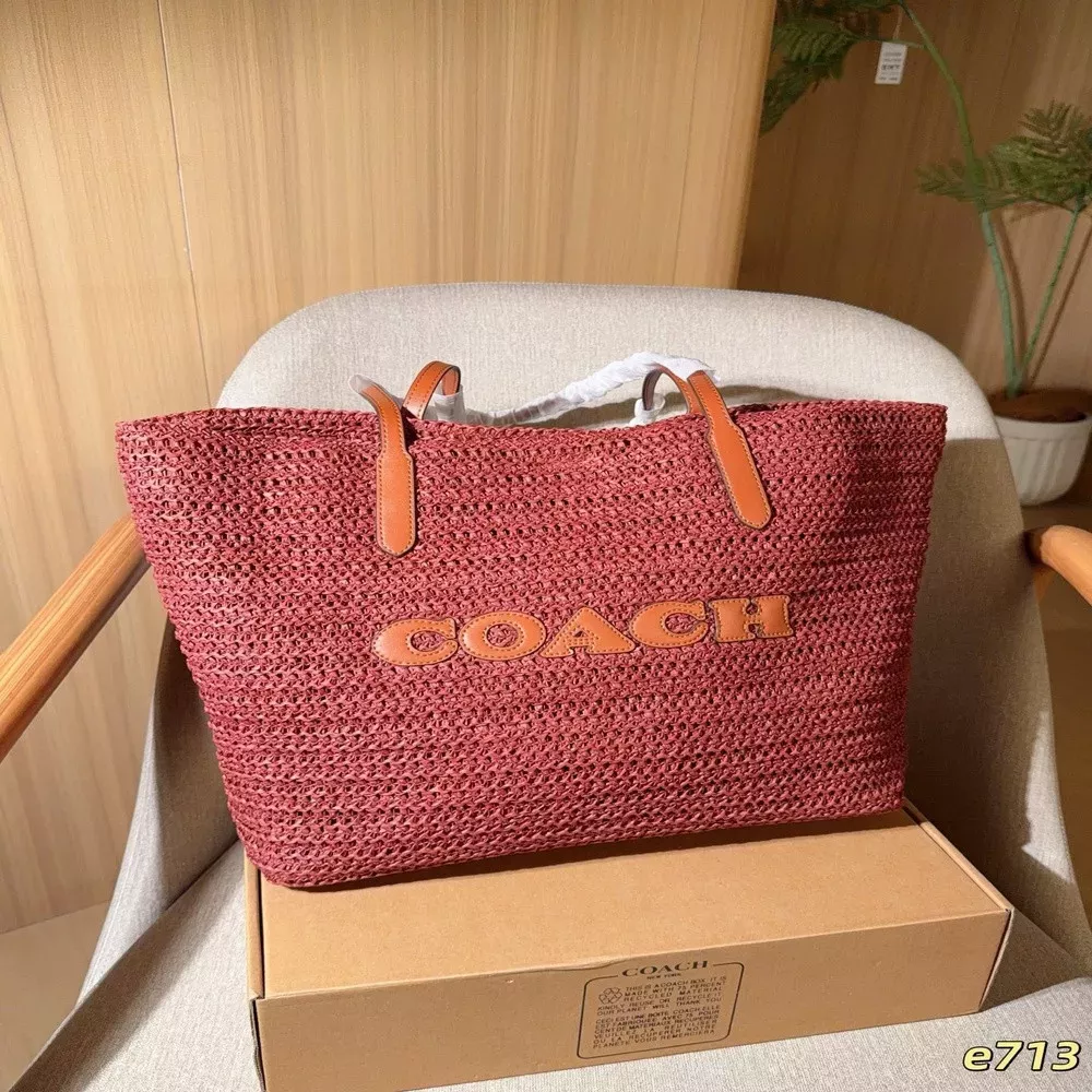 코치 라지 스트로 짜임 로고 쇼퍼백