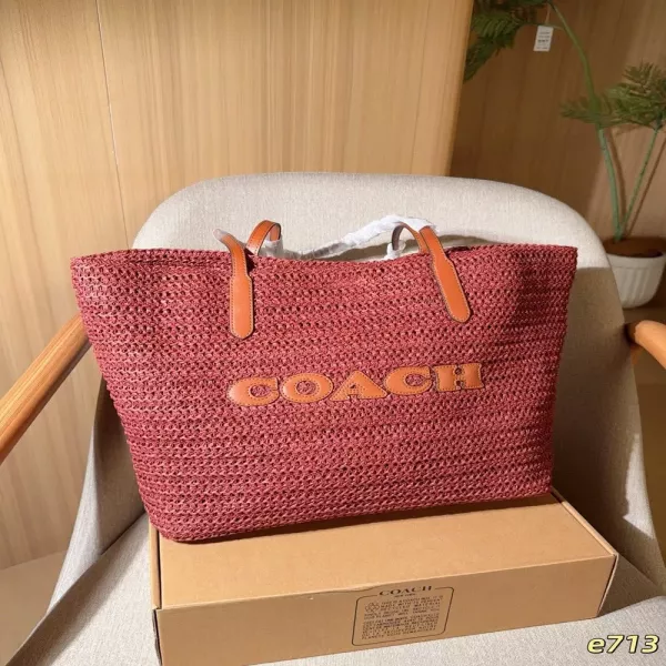 코치 라지 스트로 짜임 로고 쇼퍼백