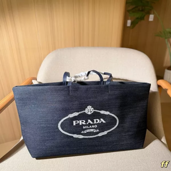 프라다 데님 로고 쇼핑 쇼퍼백
