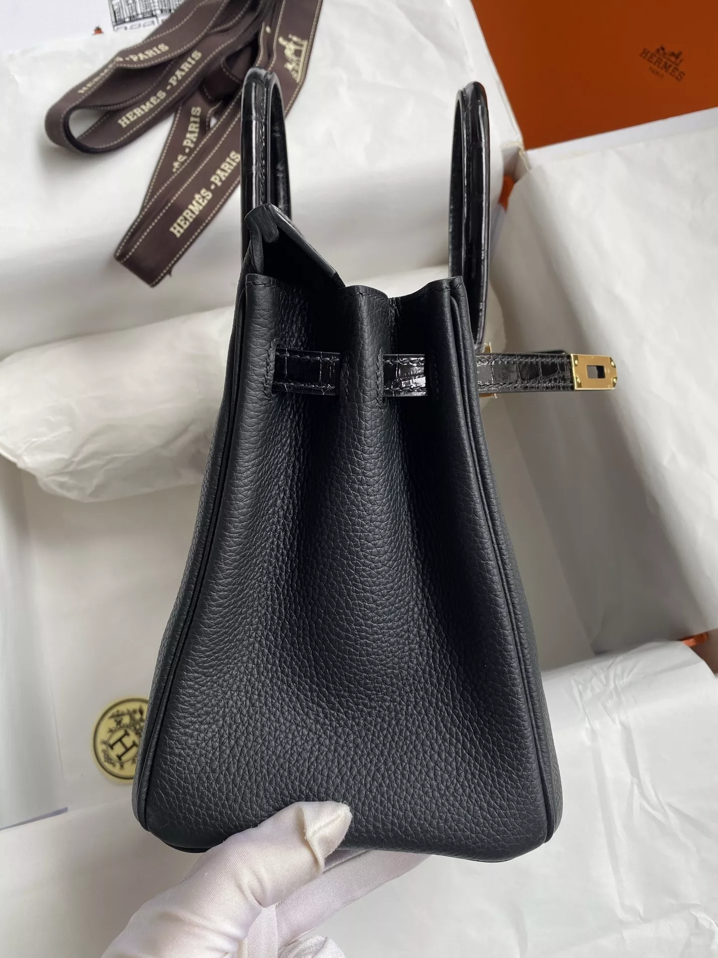 에르메스 터치 디테일 25cm 악어가죽 송아지가죽 토트백 상세 이미지 5
