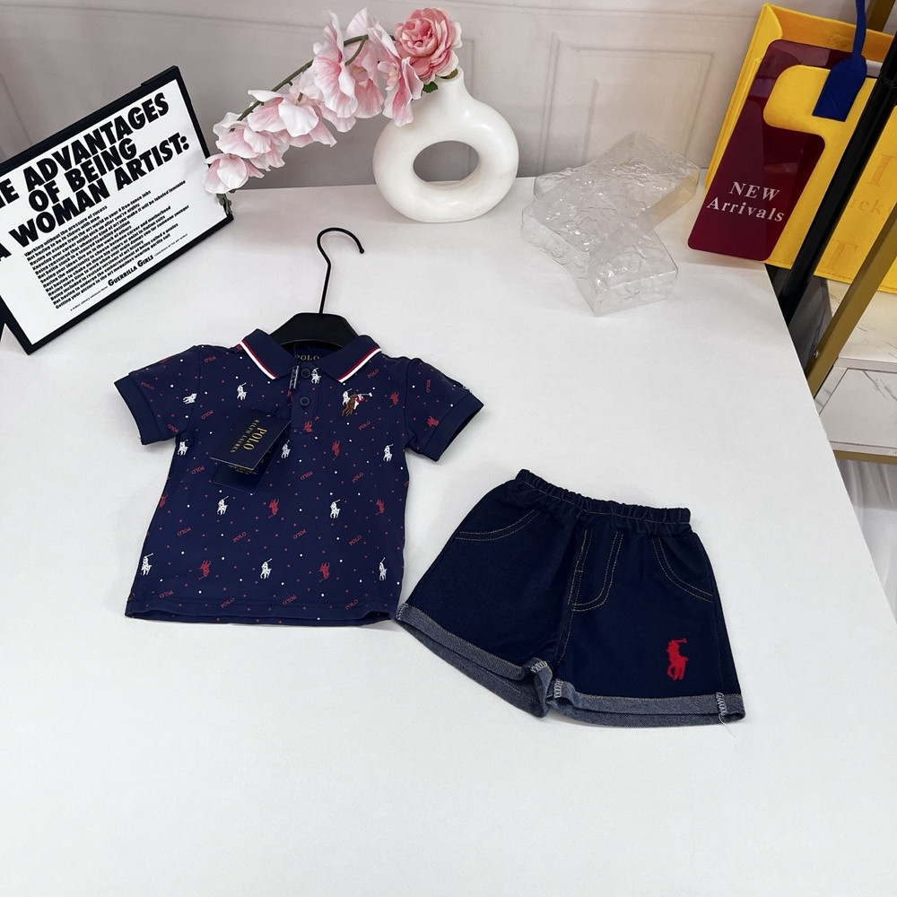 랄프로렌 카라 배색 자수 데님 반바지 유아용 세트
