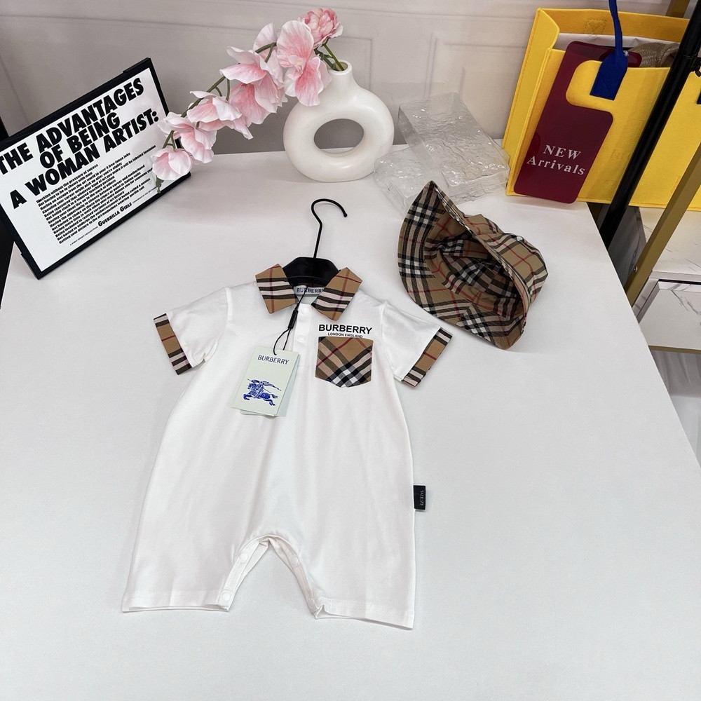 버버리 체크 칼라 반소매 유아 점프수트 세트