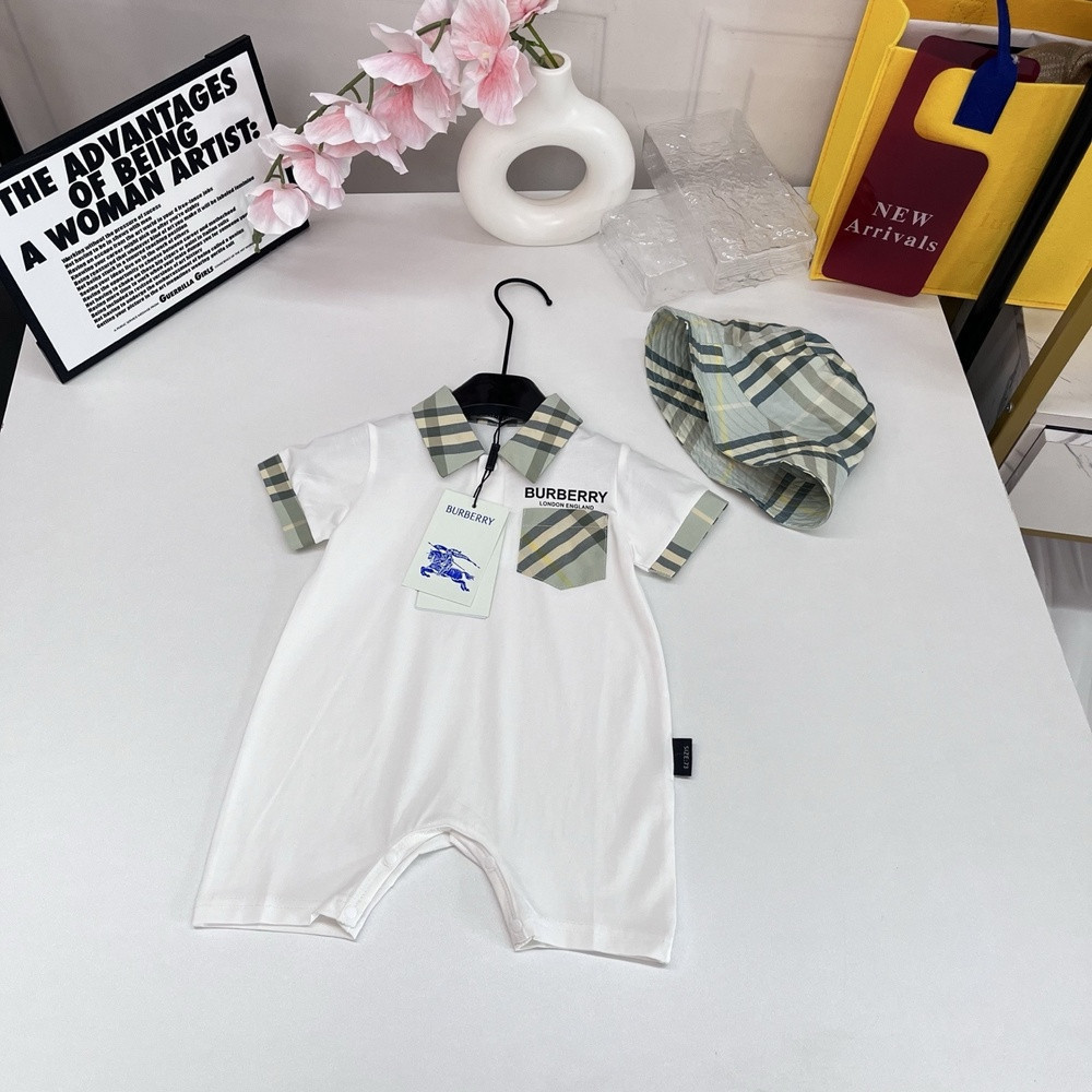 버버리 체크 배색 폴로 칼라 반소매 유아 점프수트