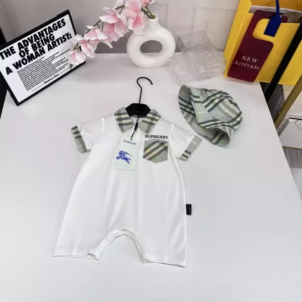 버버리 체크 배색 폴로 칼라 반소매 유아 점프수트