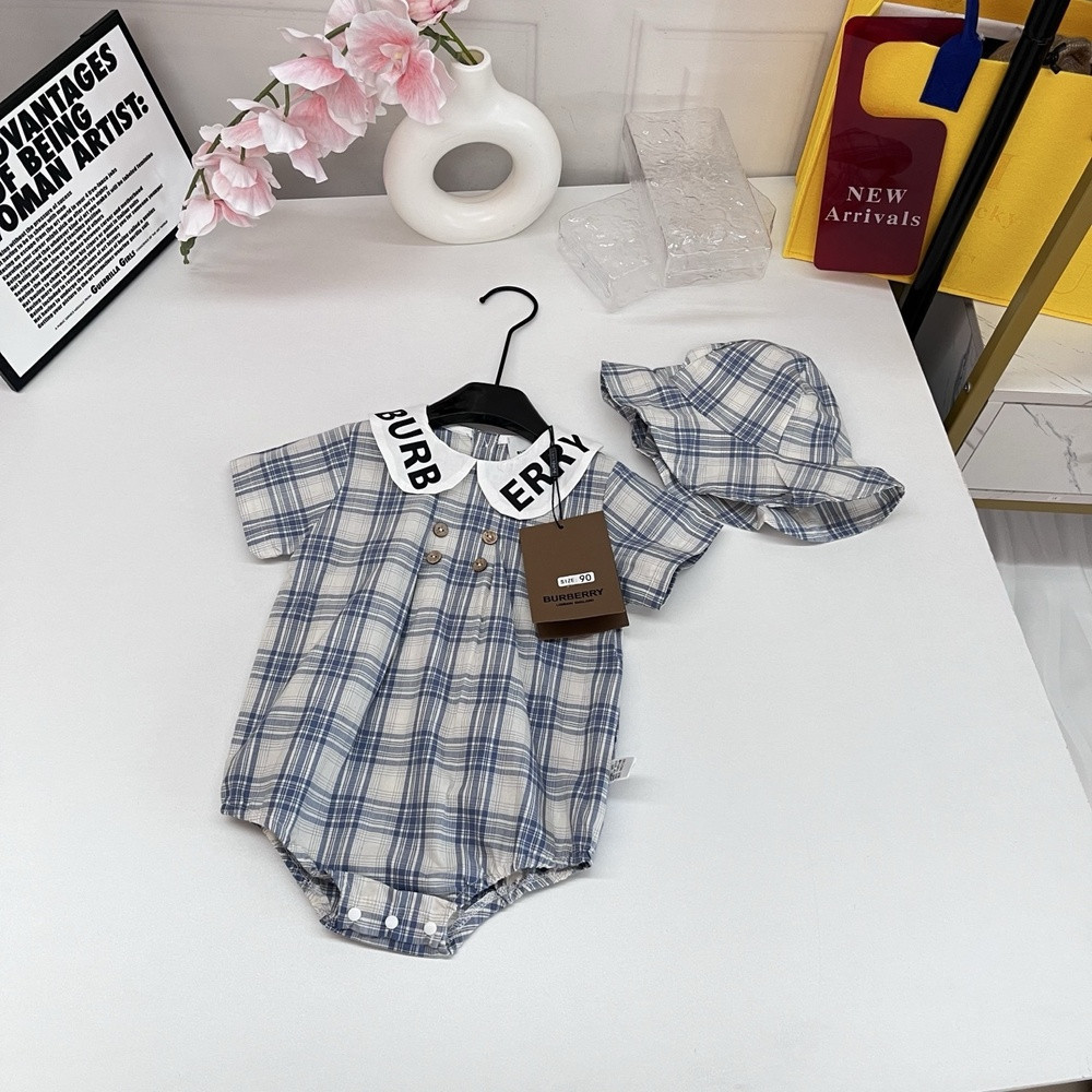 버버리 블루 체크 플랫카라 반소매 점프수트 세트