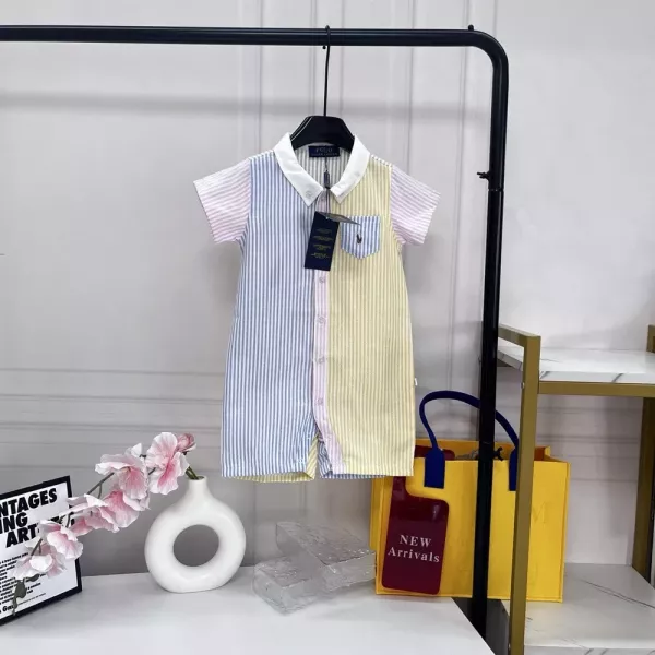 랄프로렌 스트라이프 배색 카라 반소매 점프수트