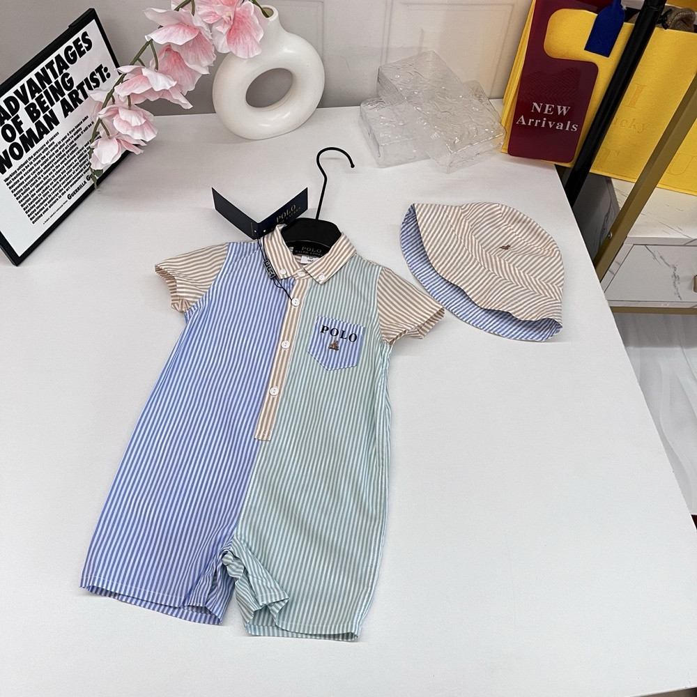 랄프로렌 스트라이프 배색 카라 반소매 점프수트 세트