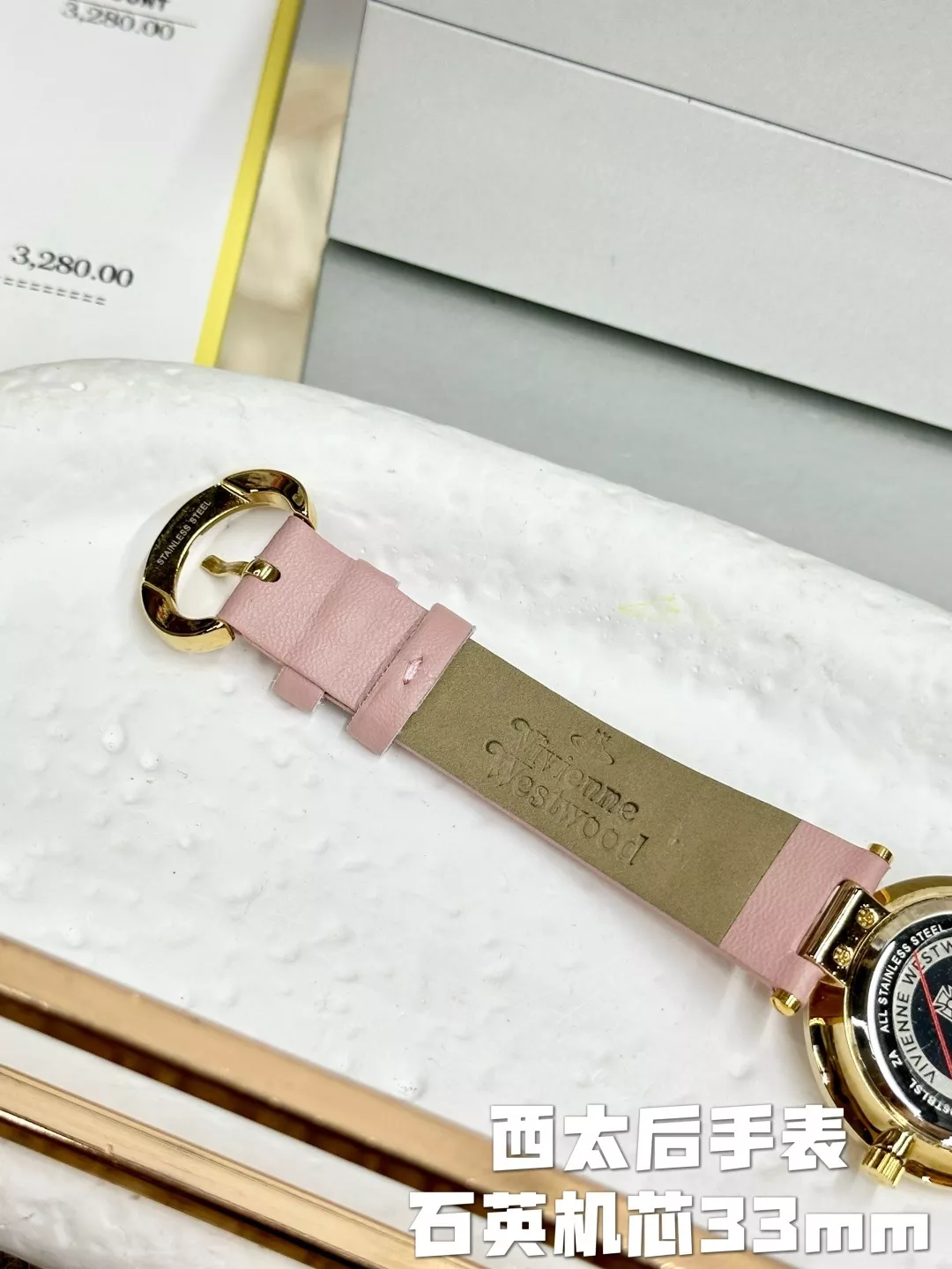 비비안웨스트우드 핑크 가죽 스트랩 골드톤 33mm 쿼츠 손목시계 상세 이미지 6