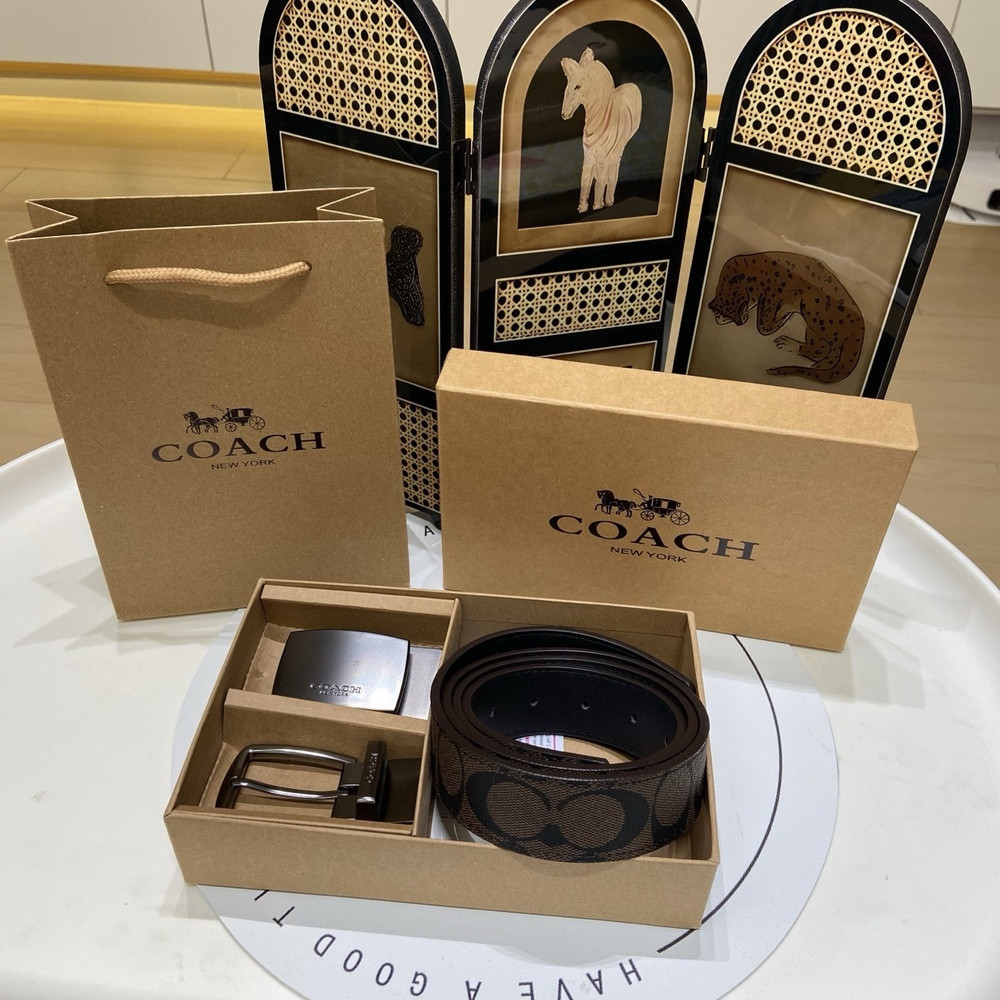 코치 클래식 시그니처 패턴 더블 버클 가죽 벨트 세트