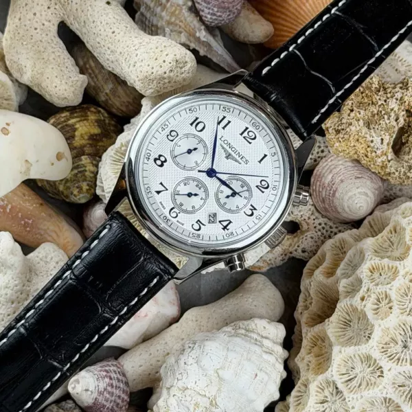 론진 삼안 육침 멀티기능 40mm 오토매틱 가죽 손목시계