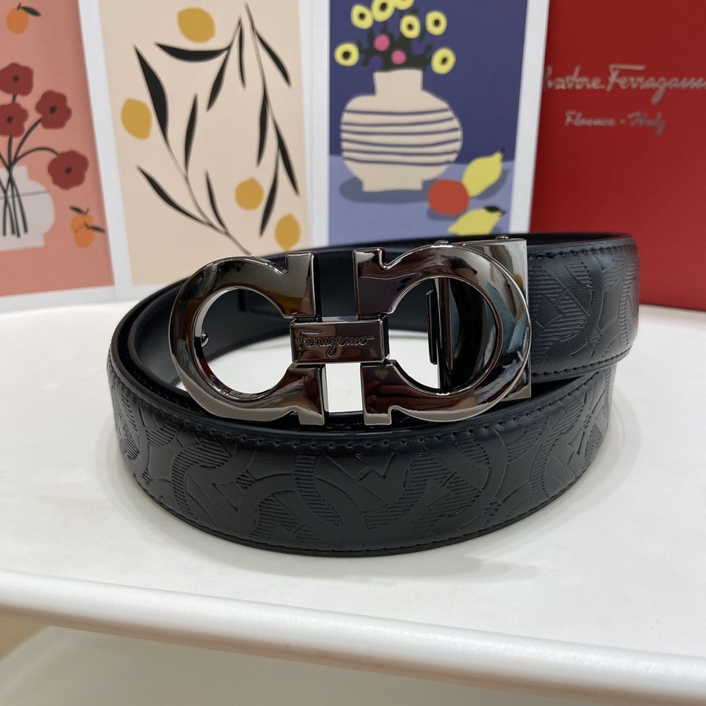 페라가모 간치니 버클 마차 패턴 가죽 벨트
