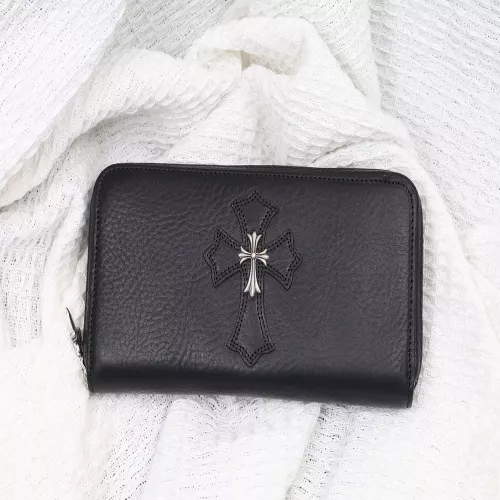 크롬하츠 십자가 장식 그레인 가죽 라운드 지퍼 장지갑