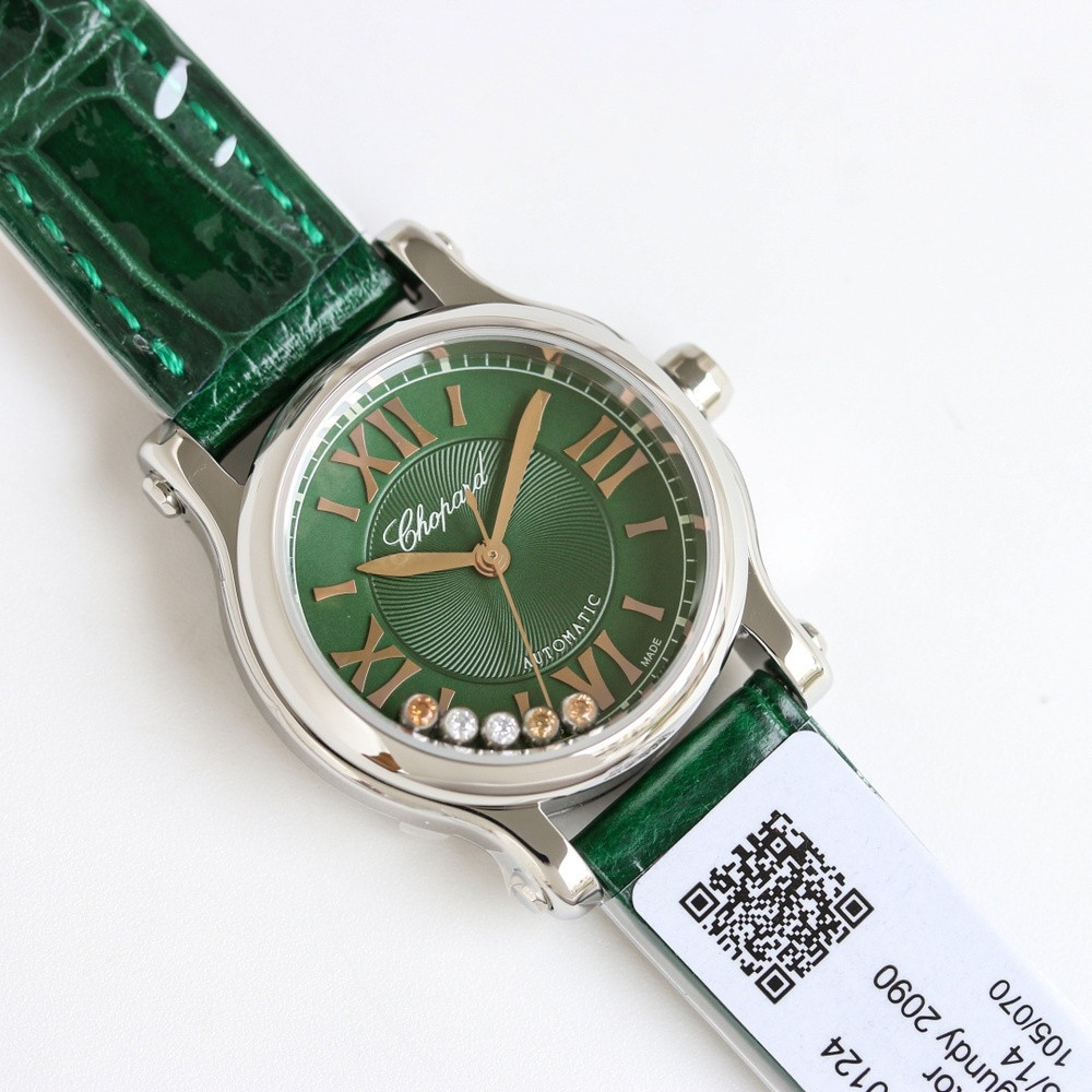 쇼파드 해피 스포츠 30mm 그린 다이얼 악어가죽 자동 손목시계