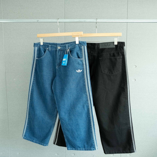아디다스 워시드 빈티지 삼선 와이드 스트레이트 데님 팬츠