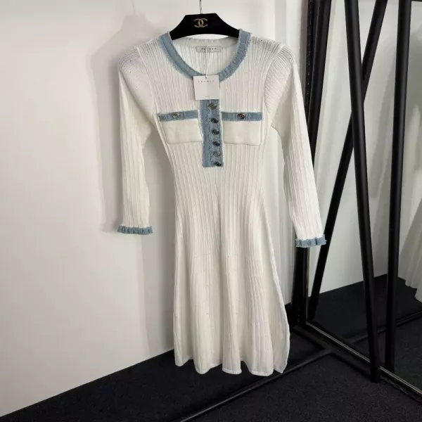 산드로 데님 프린지 배색 버튼 니트 롱원피스
