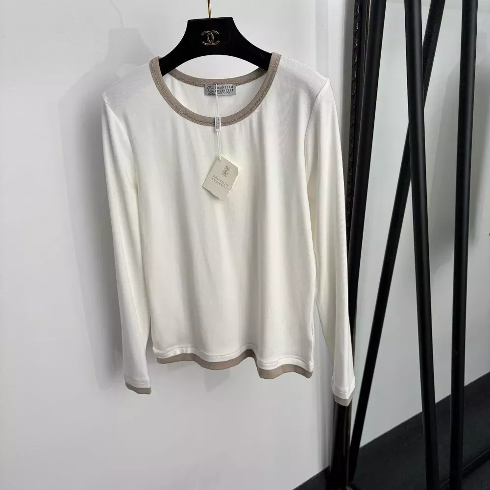 브루넬로쿠치넬리 비즈 체인 라운드넥 배색 파이핑 긴소매 티셔츠