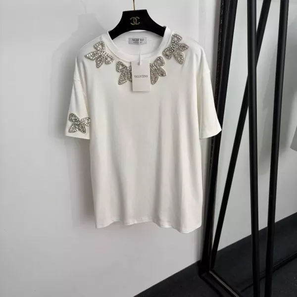 발렌티노 스터드 리본 장식 코튼 반소매 티셔츠