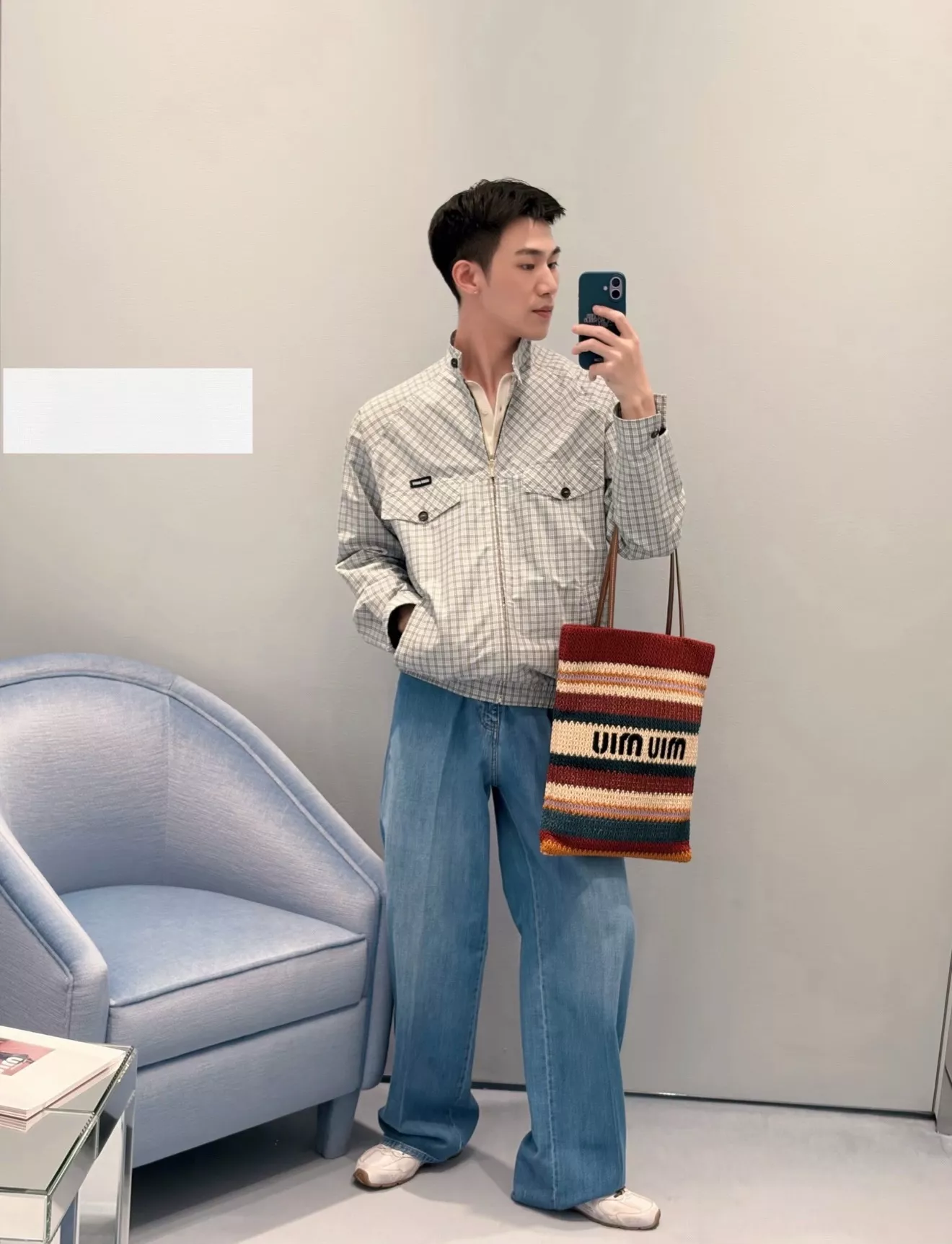 미우미우 블루그레이 비시 체크 하링턴 재킷 상세 이미지 19