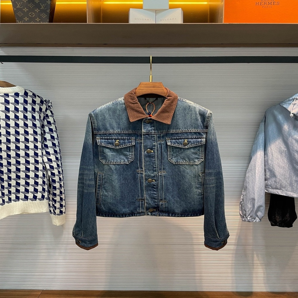 루이비통 빈티지 워시 레더 카라 쇼트 데님 재킷