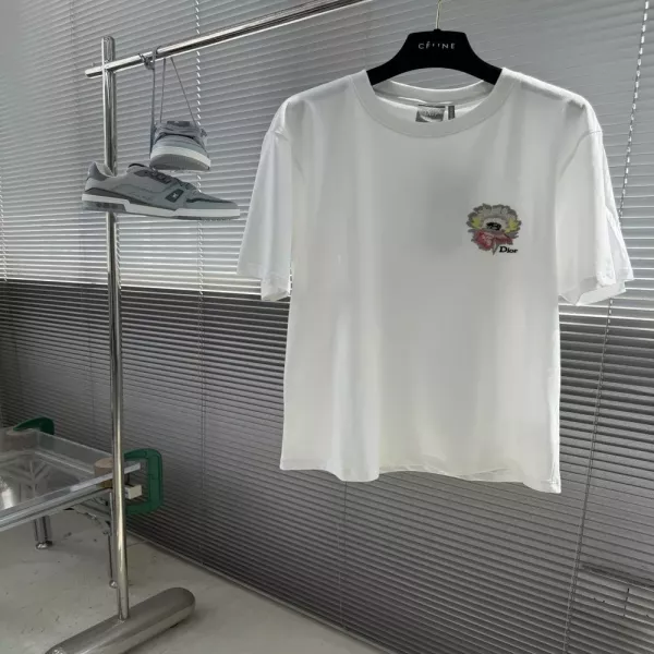 디올 바이잔스 플라워 자수 코튼 반소매 티셔츠
