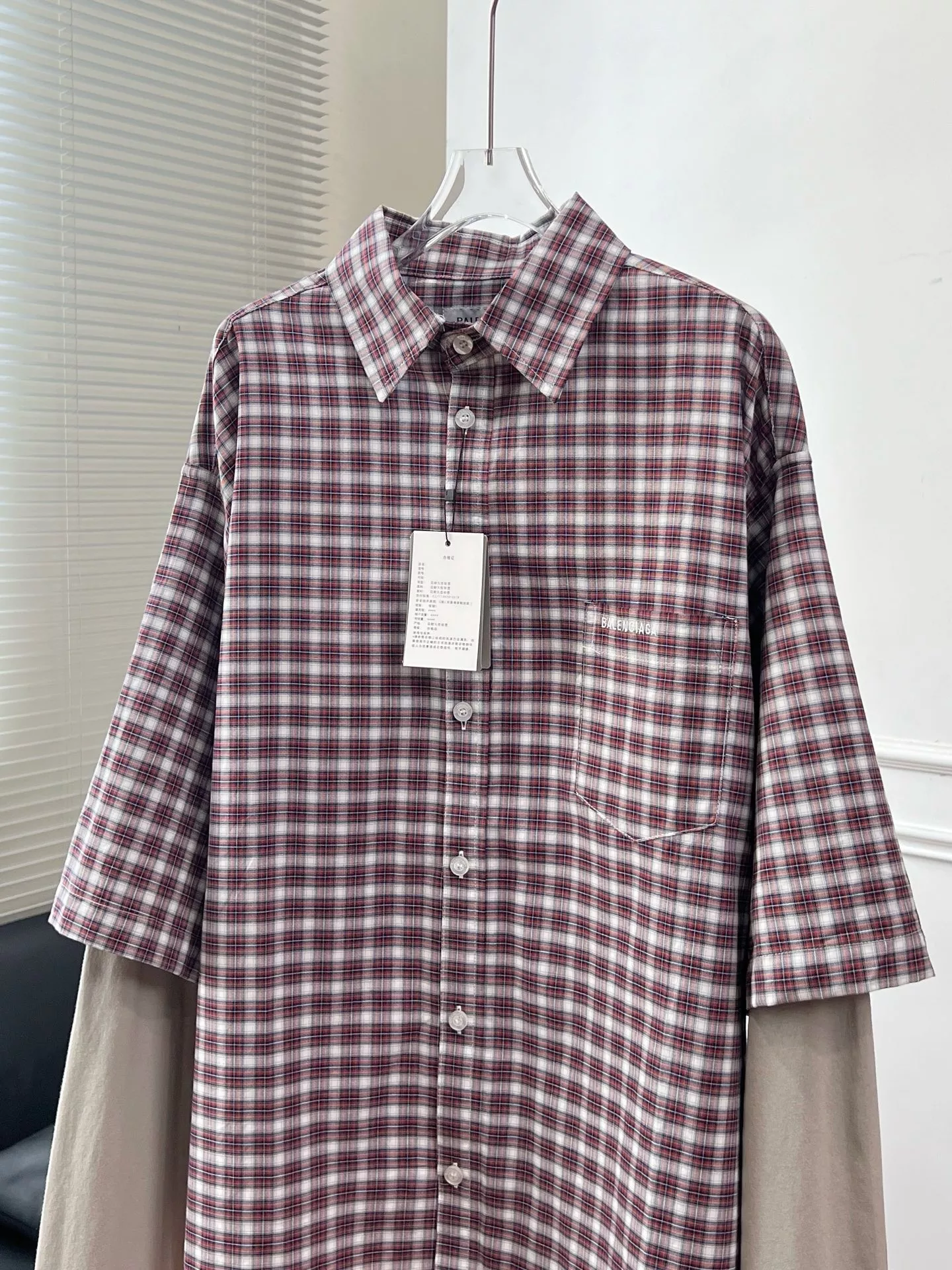 발렌시아가 레드 체크 레이어드 긴소매 셔츠 상세 이미지 2