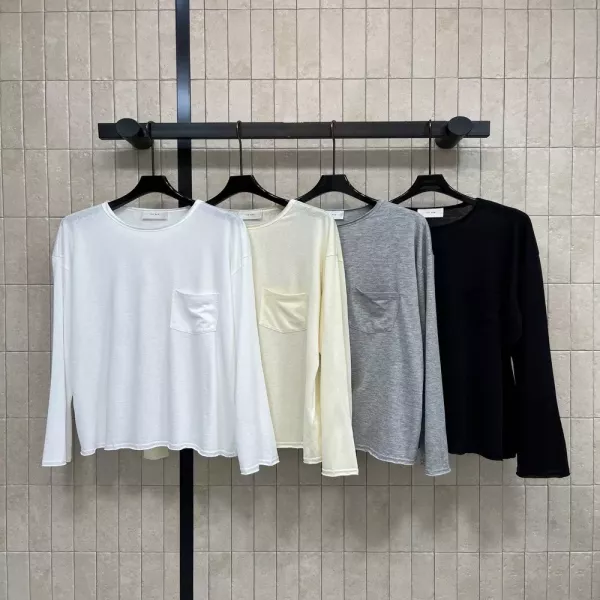 더로우 포켓 라운드넥 루즈핏 긴소매 티셔츠