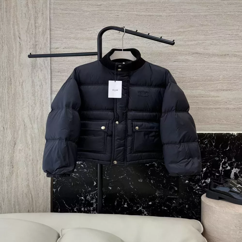 셀린느 울 립조직 스탠드넥 쇼트 패딩