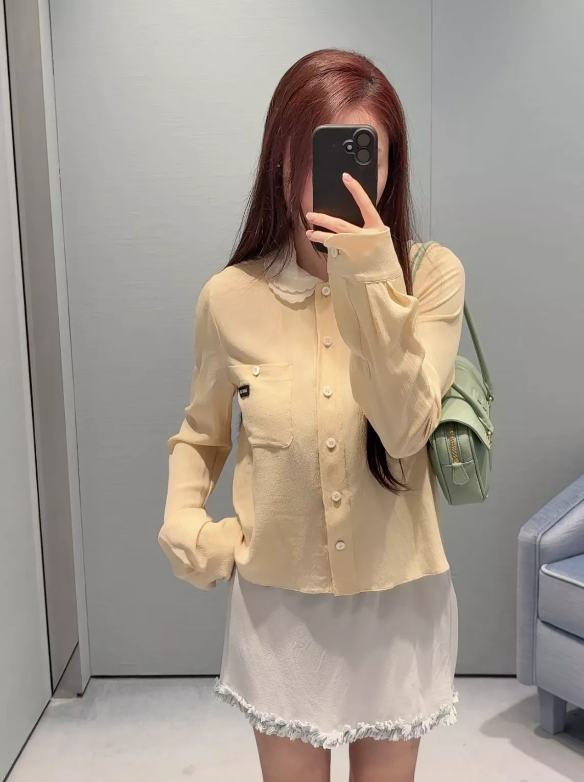 미우미우 실크 프릴 빅카라 긴소매 블라우스 상세 이미지 16