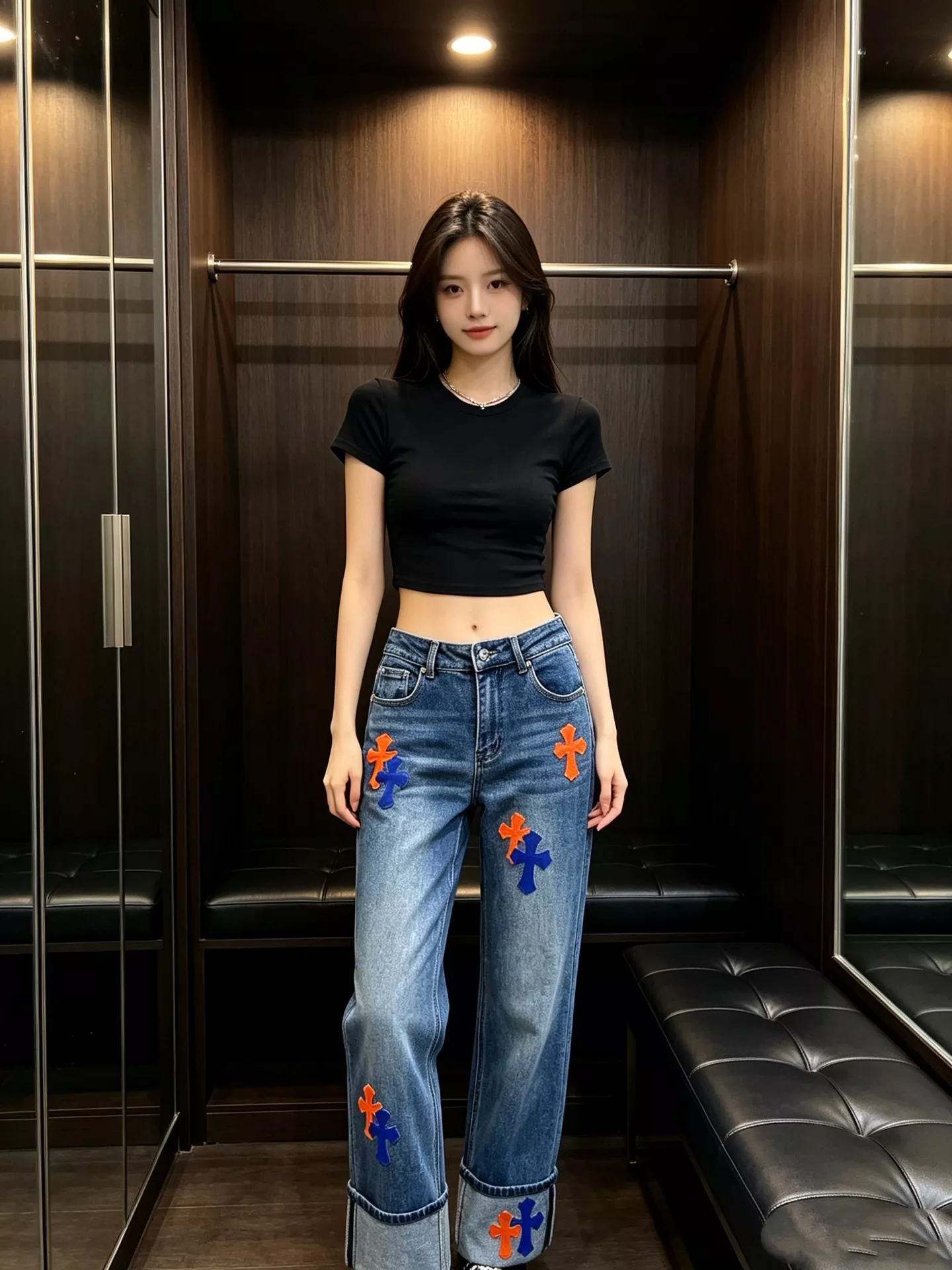 크롬하츠 십자가 가죽 패치 롤업 크롭 데님 팬츠 상세 이미지 19