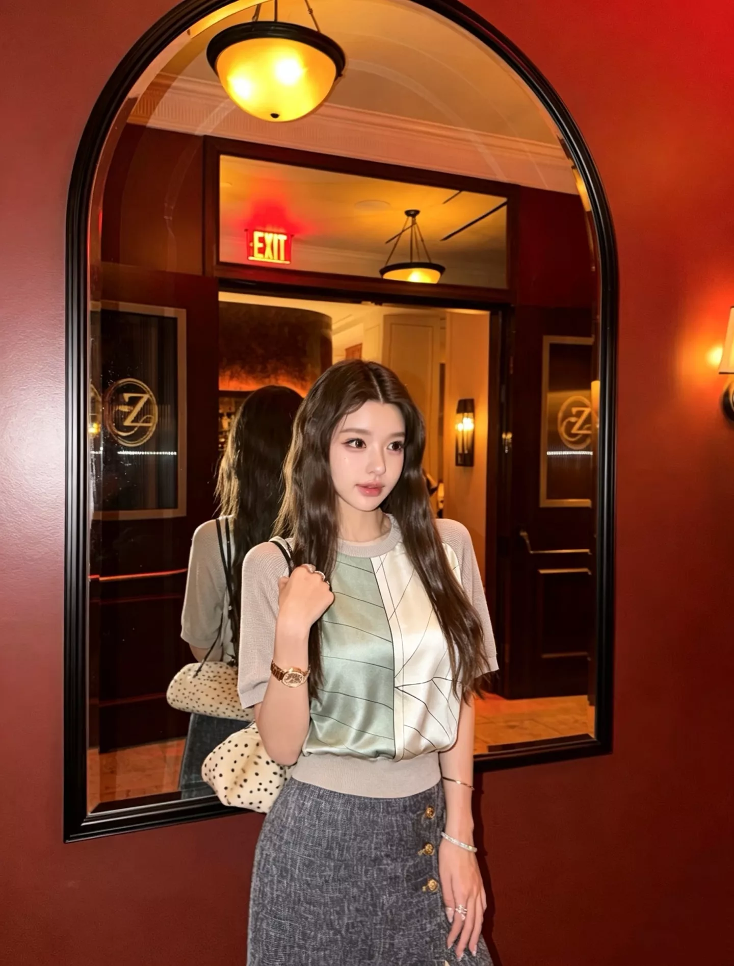 로로피아나 실크 배색 워터컬러 기하학 반소매 니트 상세 이미지 15
