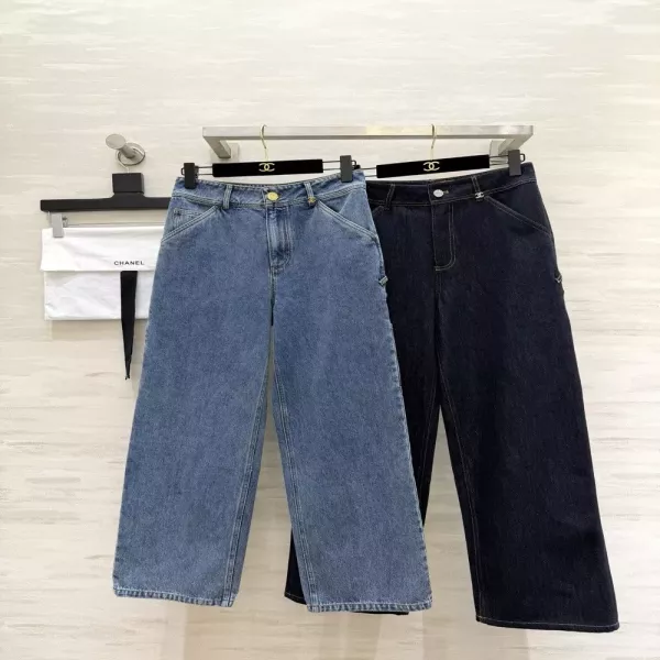 샤넬 사이드 가죽 패치 데님 팬츠