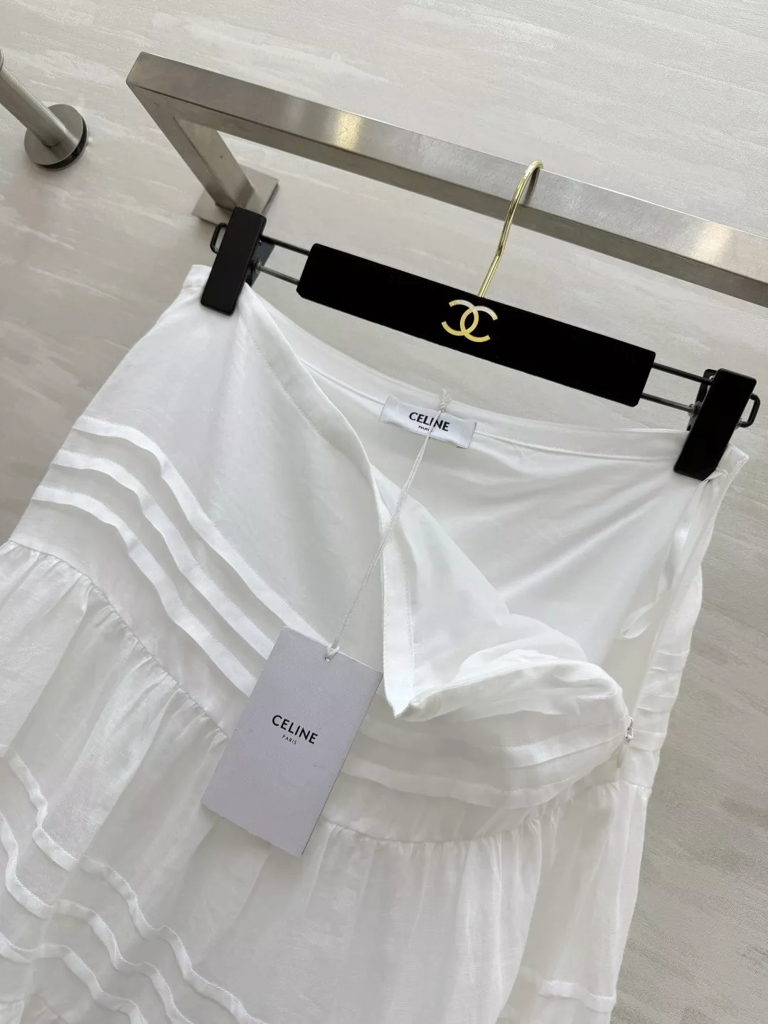 셀린느 화이트 레이어드 린넨 플리츠 롱 스커트 상세 이미지 8
