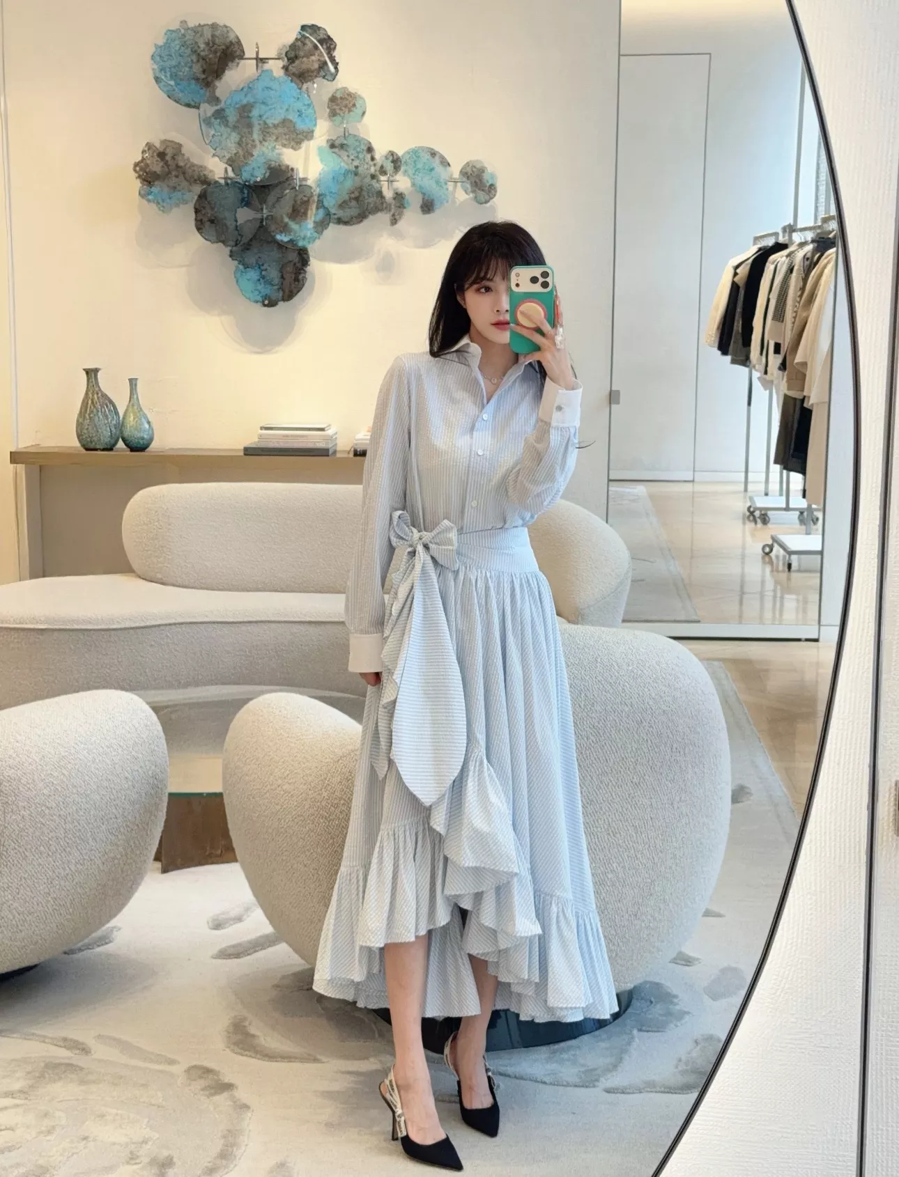 디올 블루 스트라이프 비대칭 러플 리본 스커트 상세 이미지 4