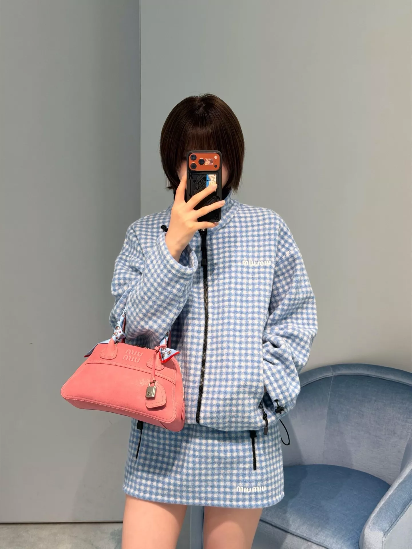 미우미우 블루 화이트 체크 플리스 미니 스커트 상세 이미지 5