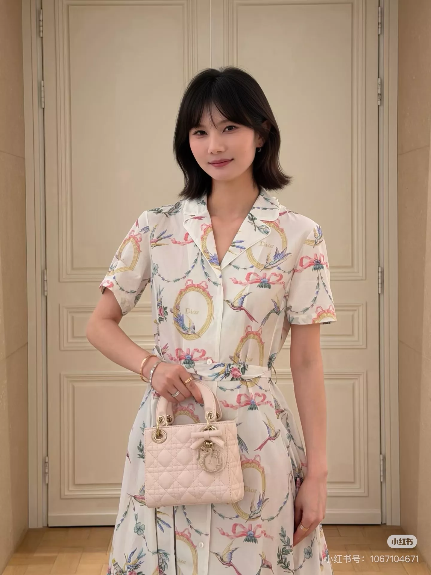 디올 수채화 플라워 버드 프린트 리본 셔츠 원피스 상세 이미지 6
