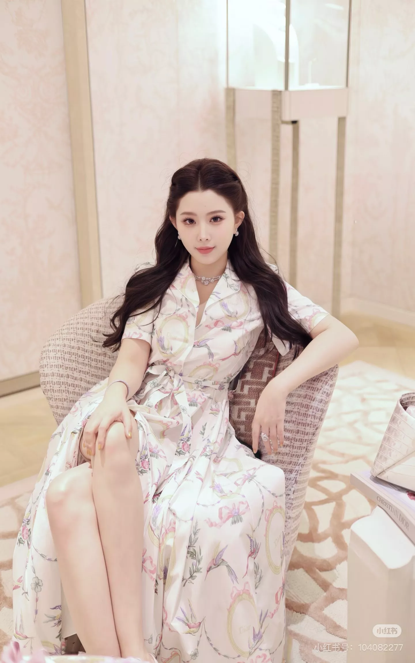 디올 수채화 플라워 버드 프린트 리본 셔츠 원피스 상세 이미지 9
