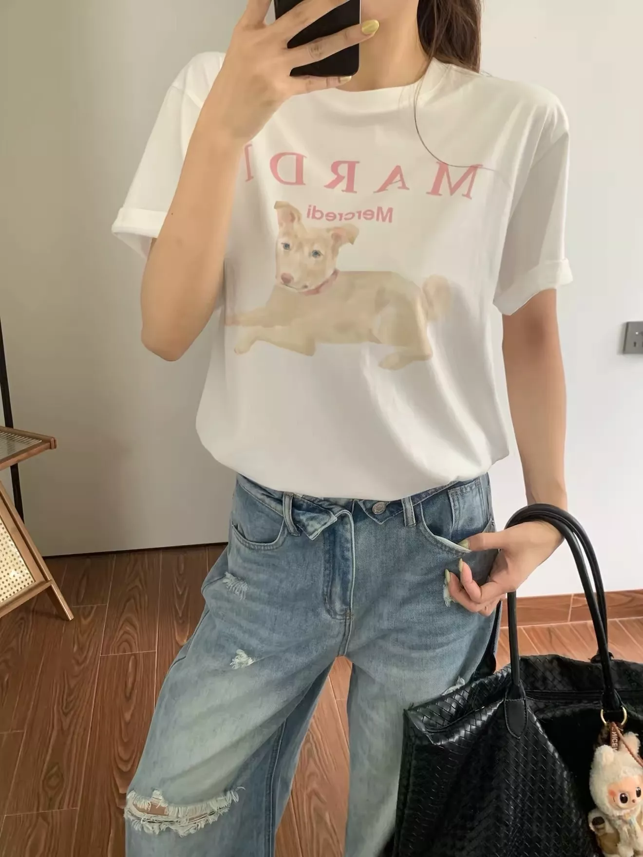 마르디 강아지 프린트 코튼 반소매 티셔츠 상세 이미지 85