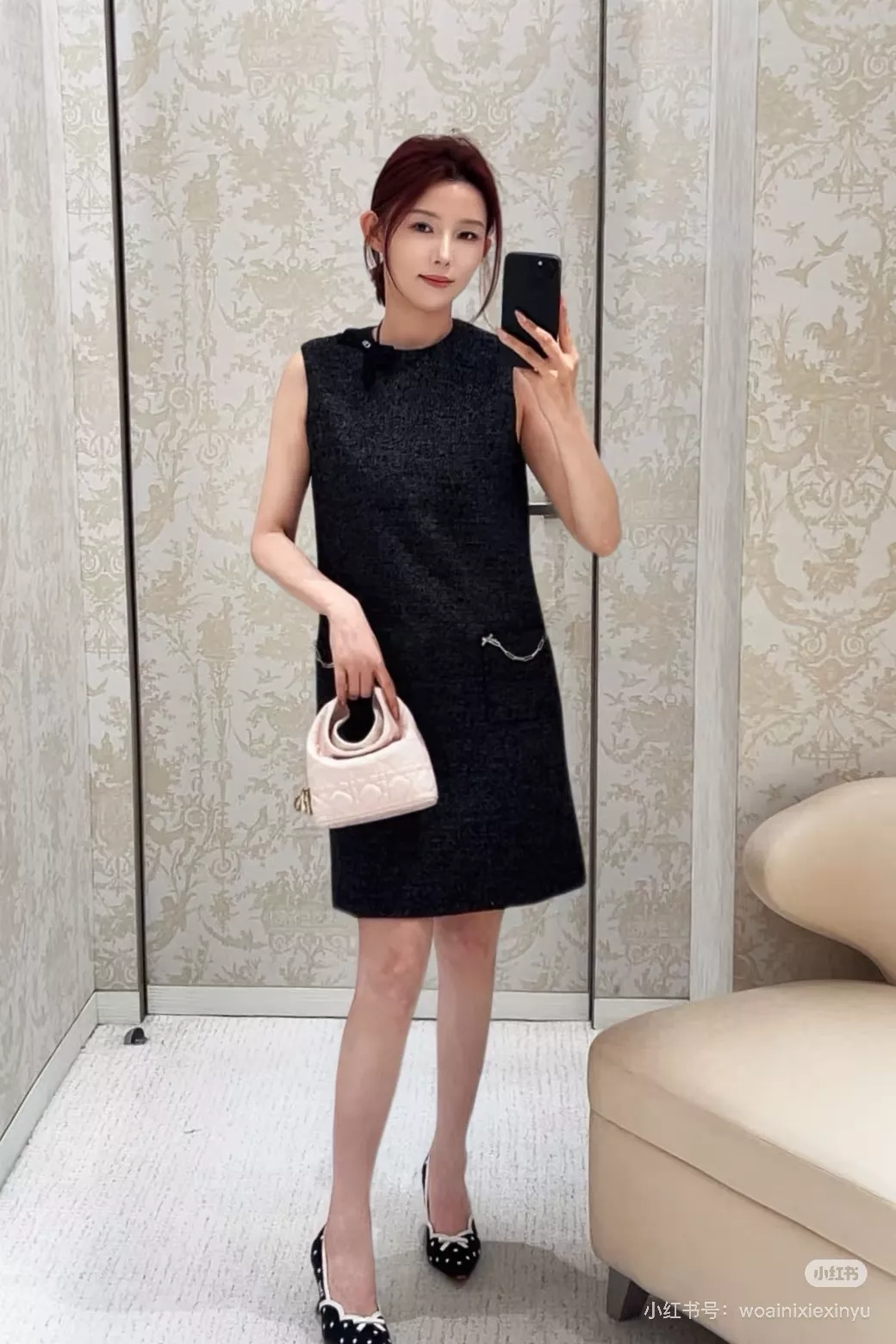 디올 라운드넥 배색 리본 민소매 원피스 상세 이미지 13