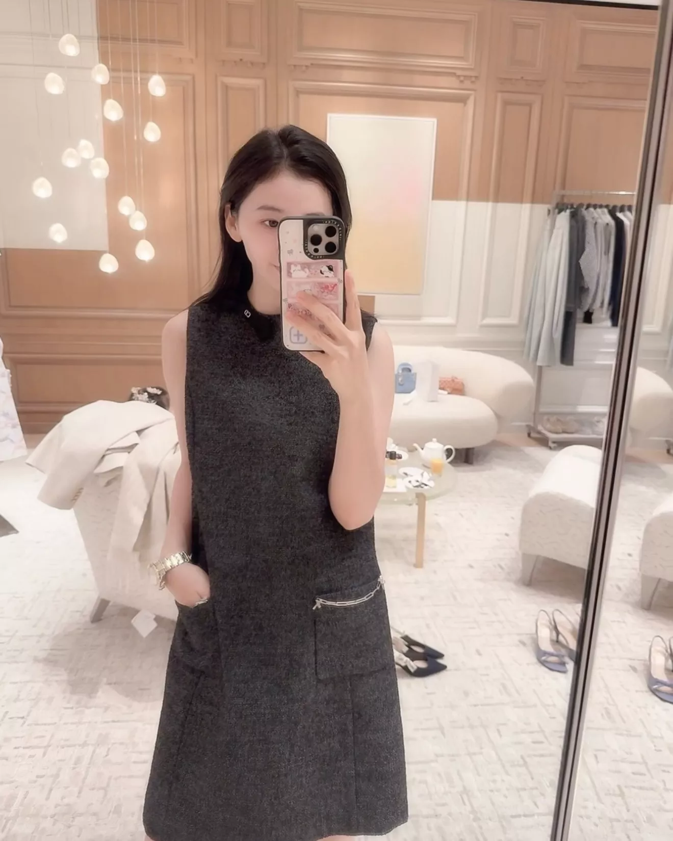 디올 라운드넥 배색 리본 민소매 원피스 상세 이미지 12