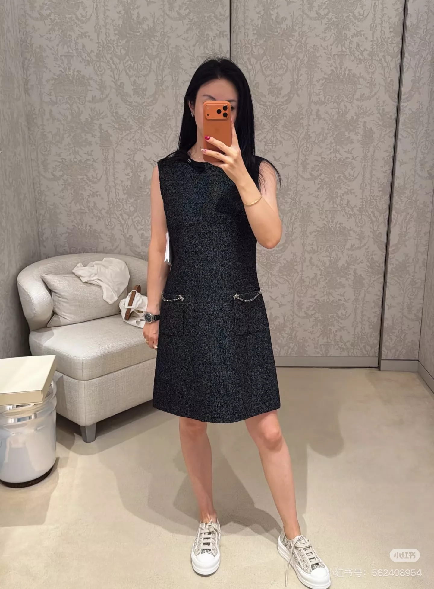 디올 라운드넥 배색 리본 민소매 원피스 상세 이미지 11